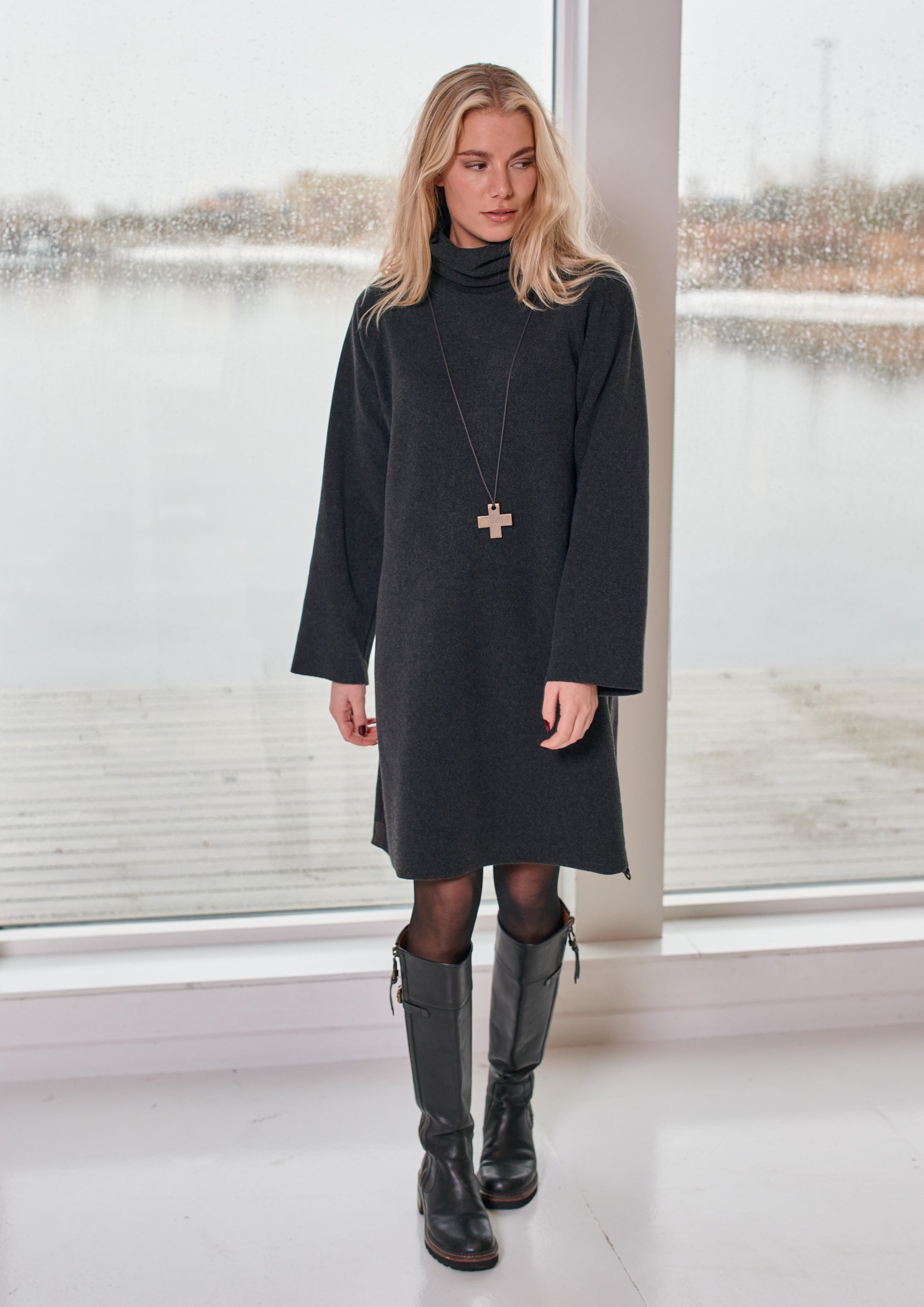 HENRIETTE STEFFENSEN COPENHAGEN DRESS HIGH NECK - 3246 DRESSES fleece SOFT BLACK 914