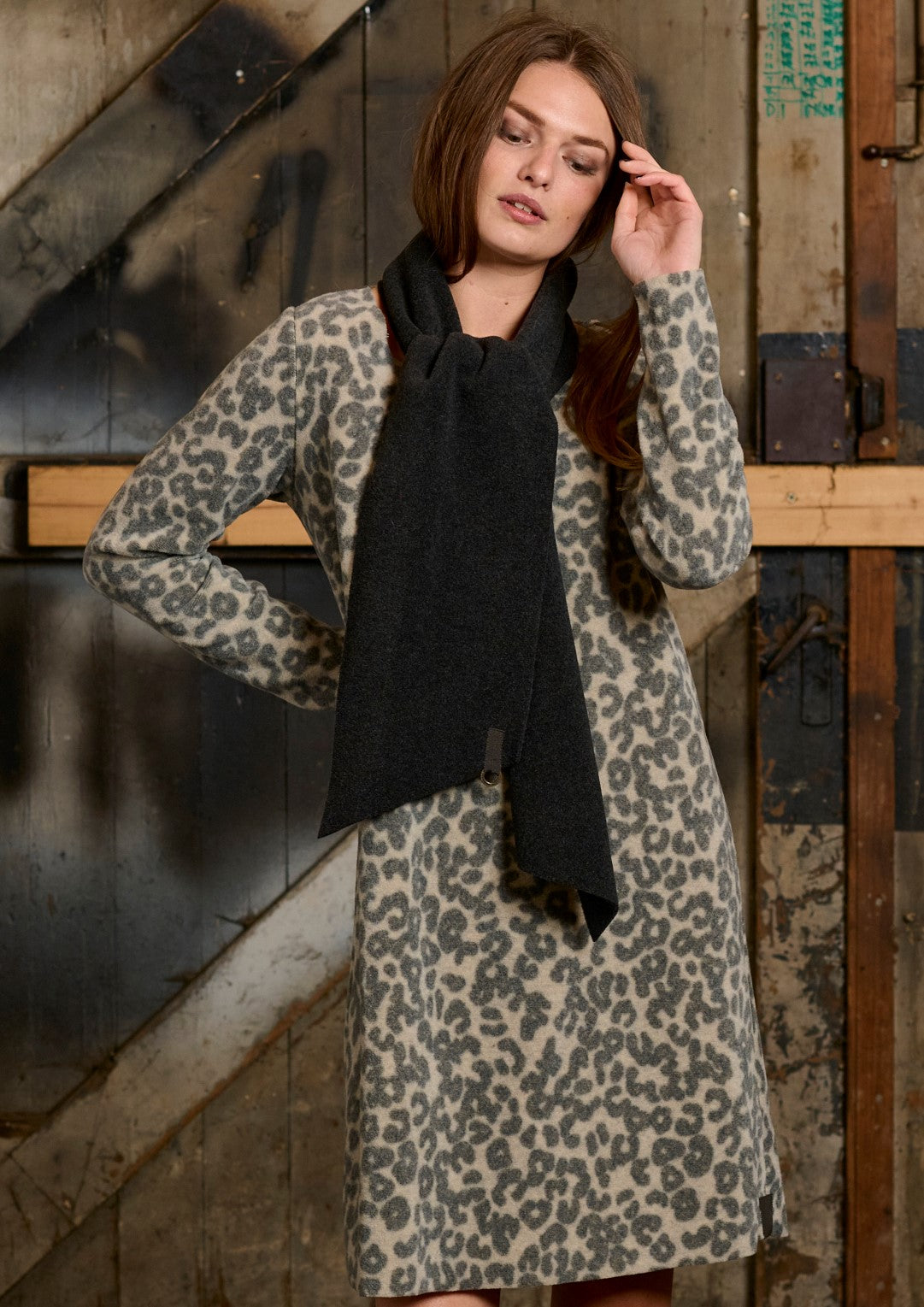 HENRIETTE STEFFENSEN COPENHAGEN DRESS WITH SCARF - 3226P KJOLER LEOPARD / SOFT BLACK 472