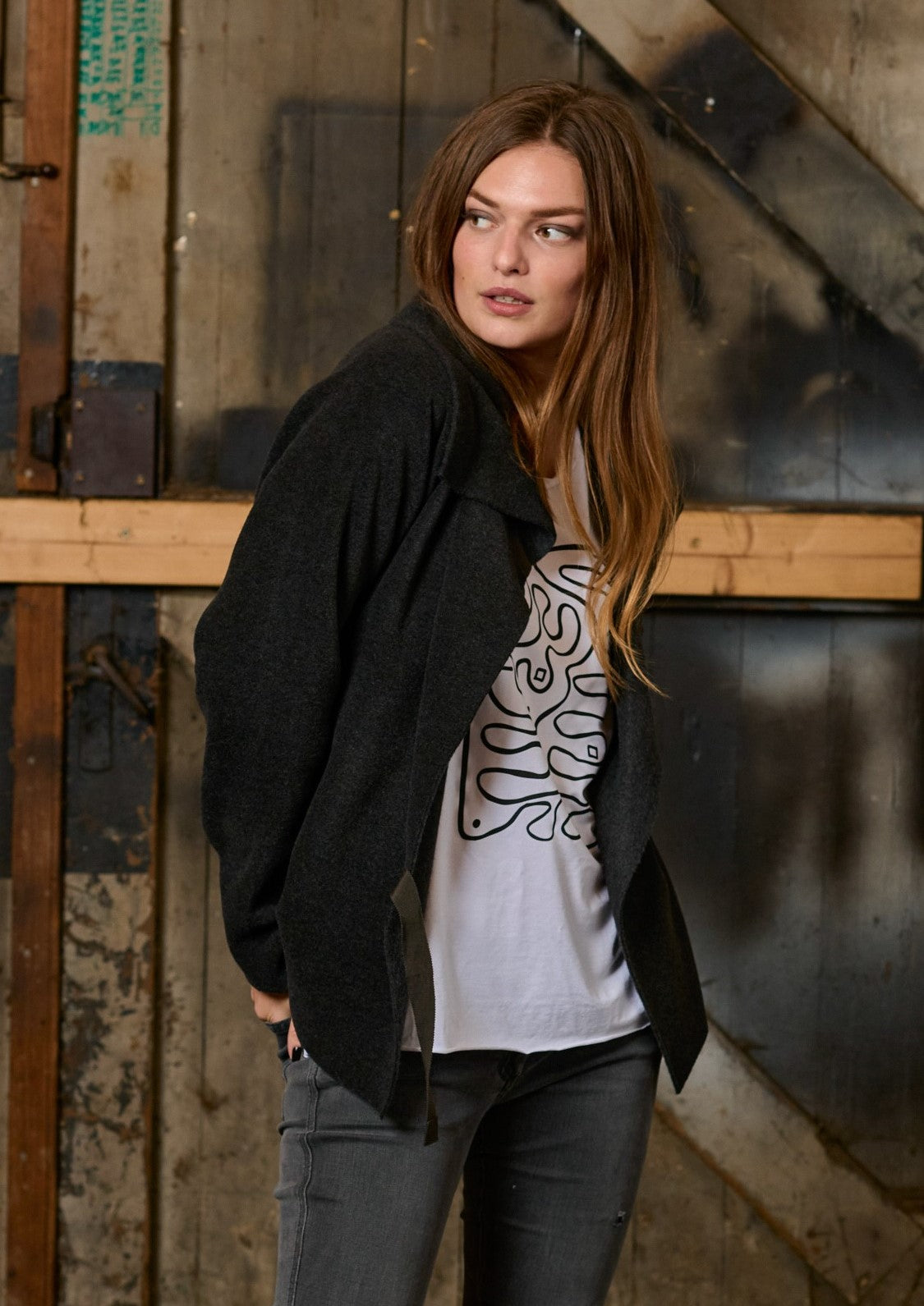 HENRIETTE STEFFENSEN COPENHAGEN FLEECE WRAP CARDIGAN - 7146 CARDIGANS SOFT BLACK 914
