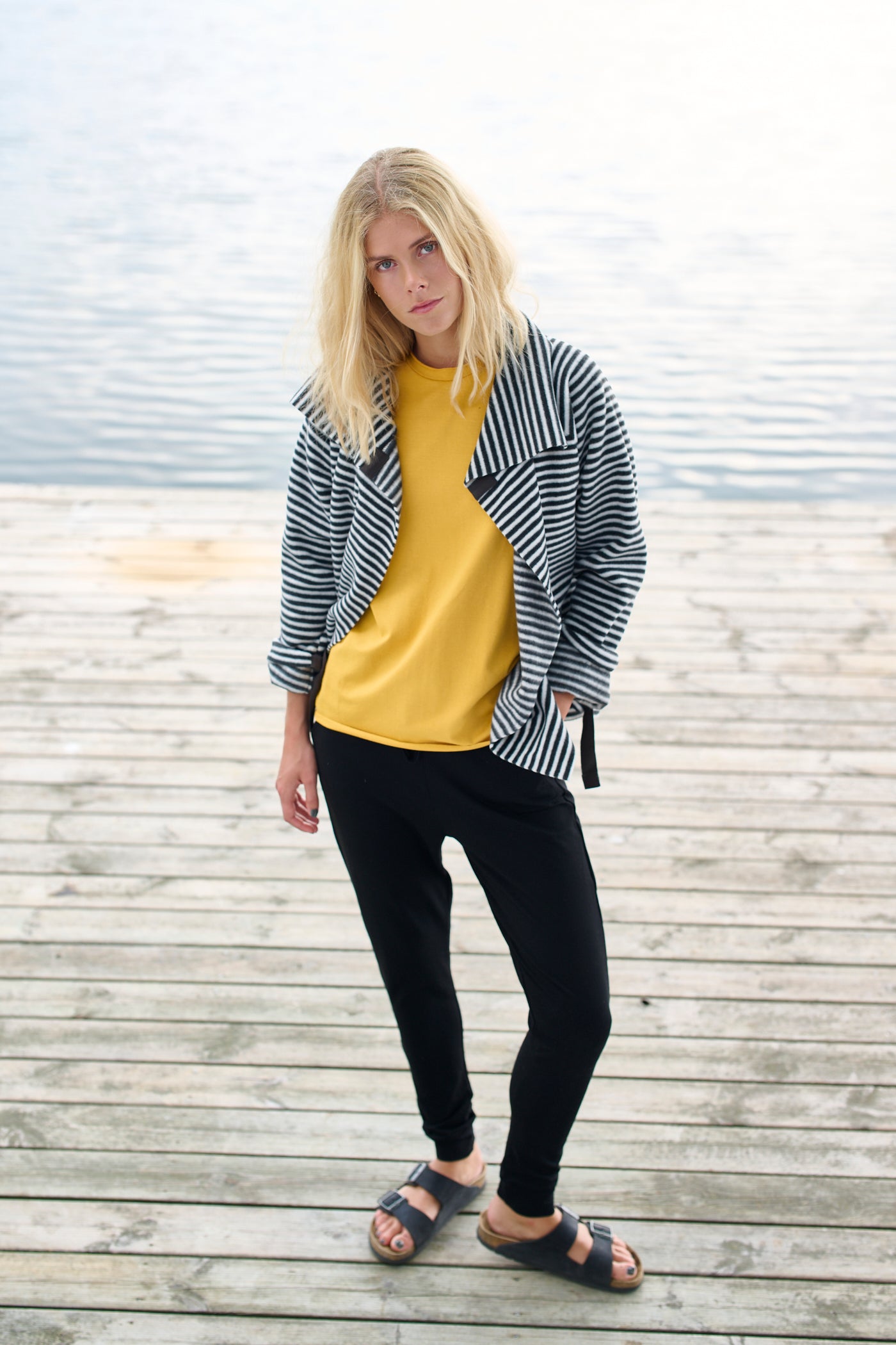 HENRIETTE STEFFENSEN COPENHAGEN FLEECE WRAP CARDIGAN - 7146 CARDIGANS STRIPES B&W 673
