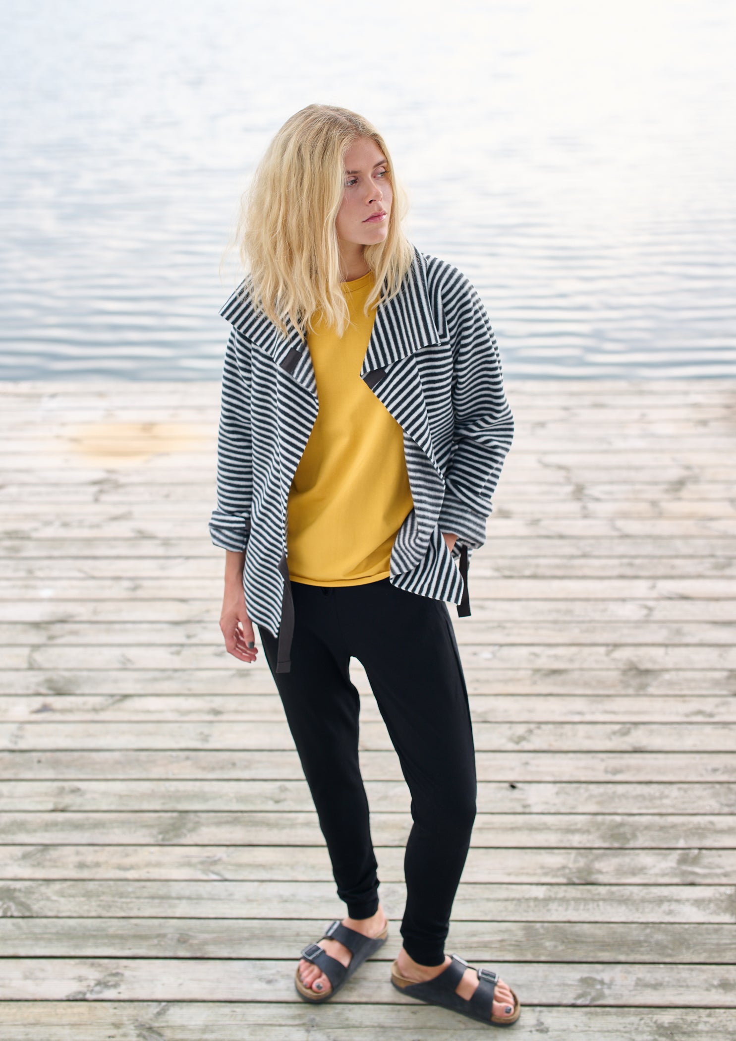 HENRIETTE STEFFENSEN COPENHAGEN FLEECE WRAP CARDIGAN - 7146 CARDIGANS STRIPES B&W 673