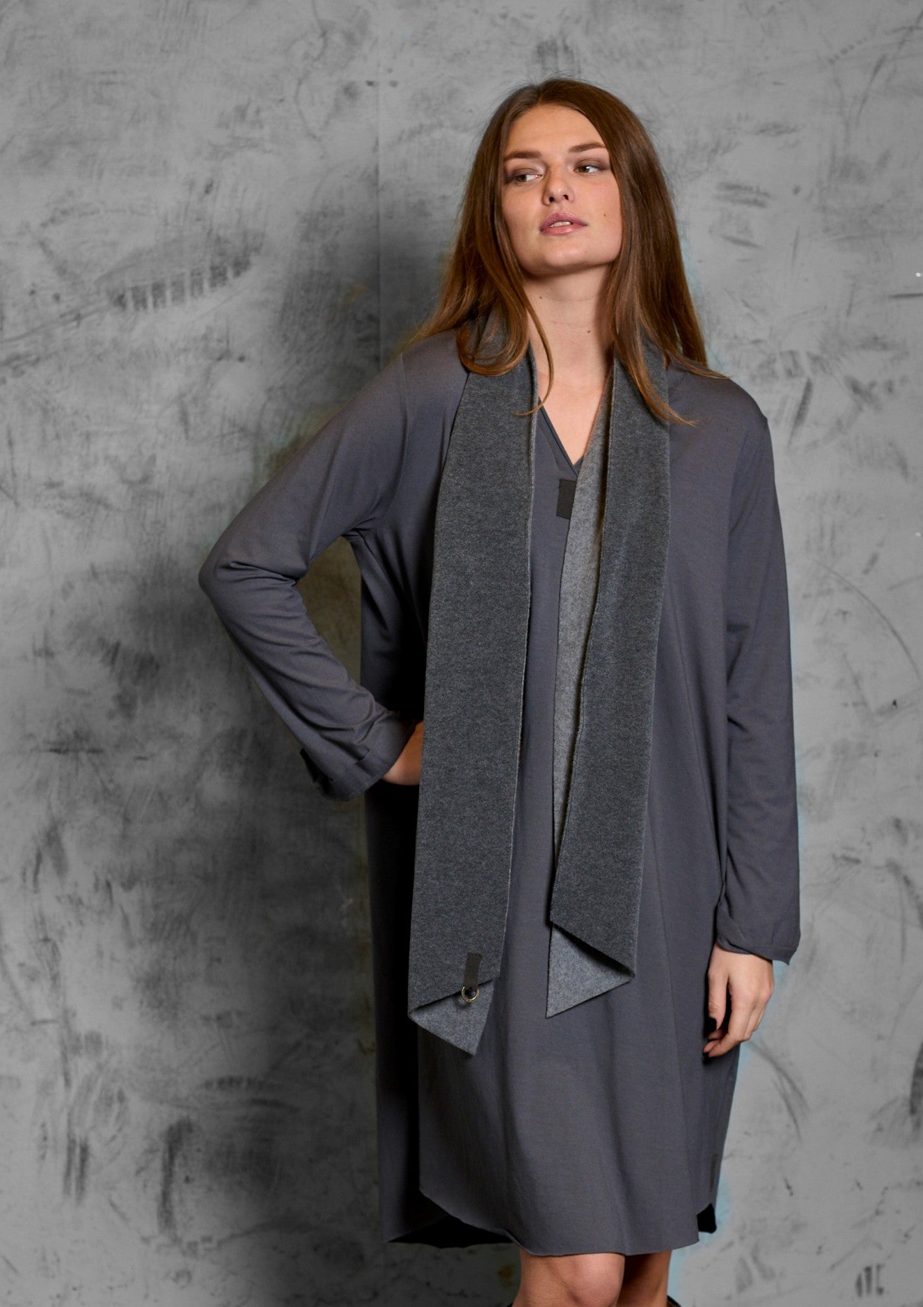 HENRIETTE STEFFENSEN COPENHAGEN LONG SHIRT W/SCARF - 8042 KJOLER GREY/GREY 649