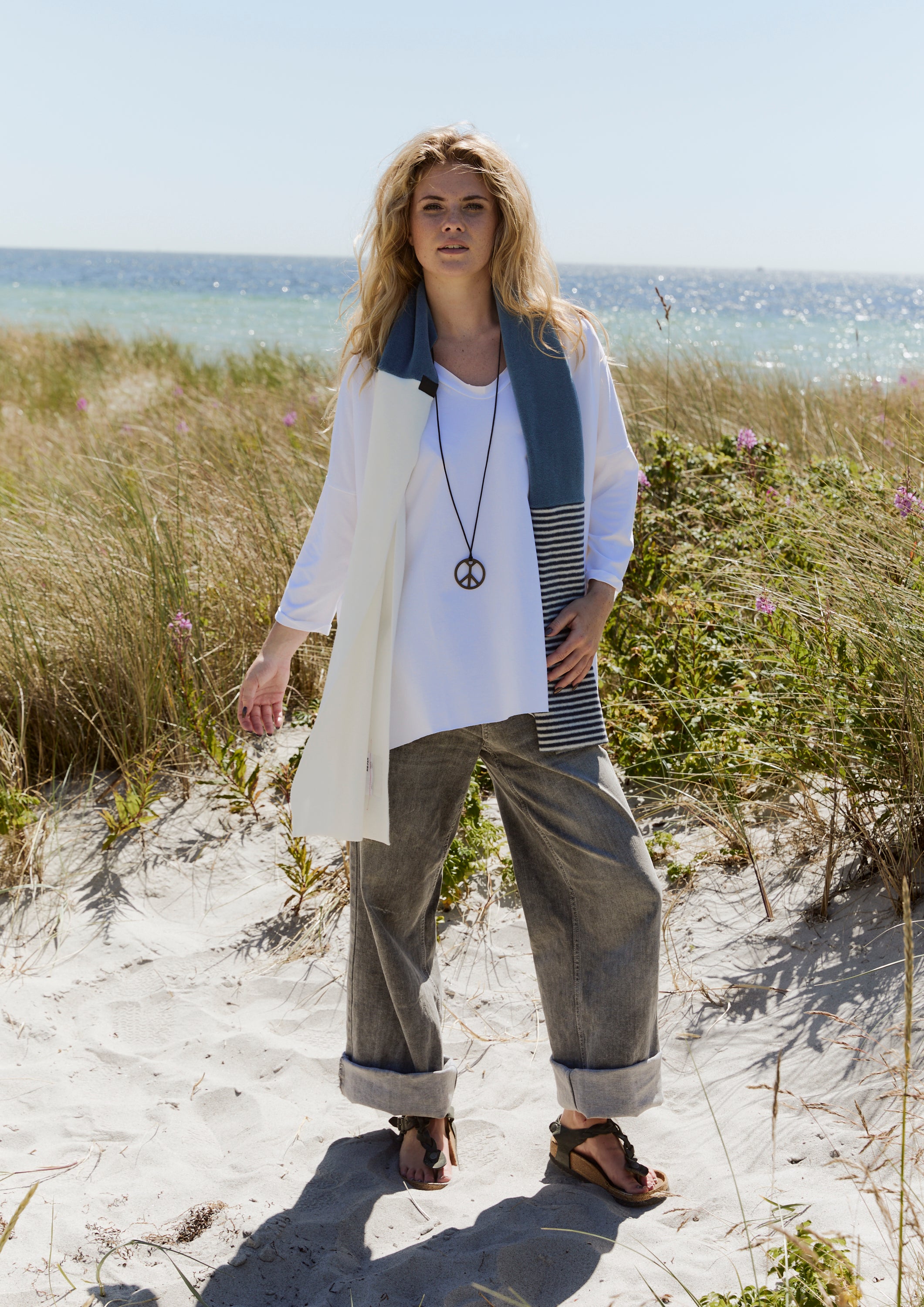 HENRIETTE STEFFENSEN COPENHAGEN NO WASTE SCARF - 4063 NW SCARFS DUSTY BLUE/OW/BLUE STRIPE 473