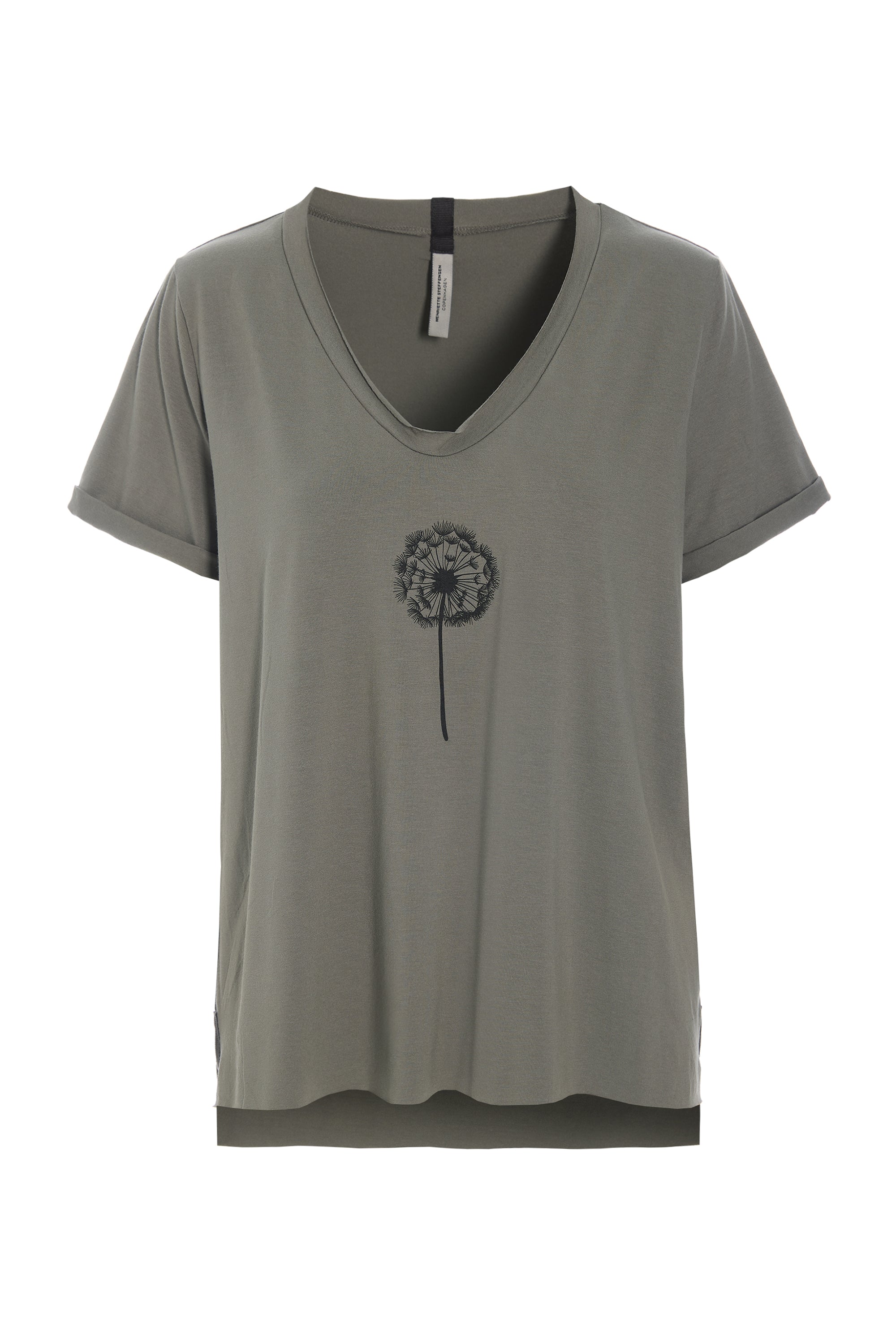 HENRIETTE STEFFENSEN COPENHAGEN V-NECK TEE - 96105 FLOWER T-SHIRTS DUSTY GREEN 609